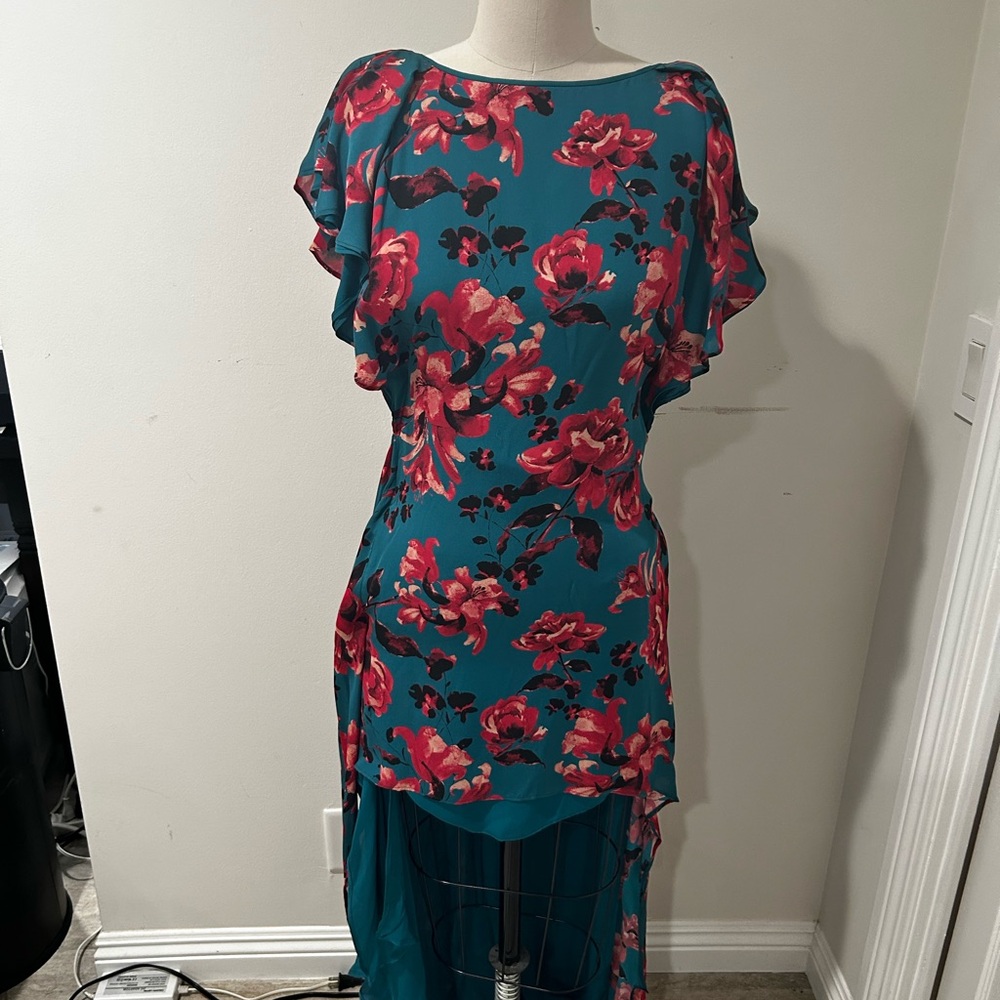 Red and Pink High Low Sundress with Flutter Sleeves